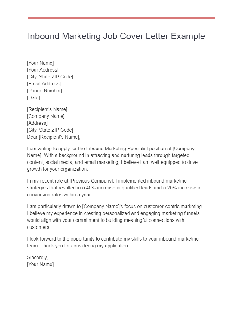 Inbound Marketing Job Cover Letter Example