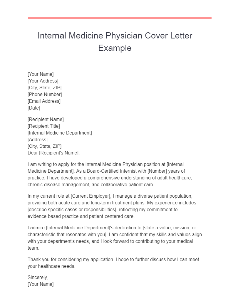 Internal Medicine Physician Cover Letter Example