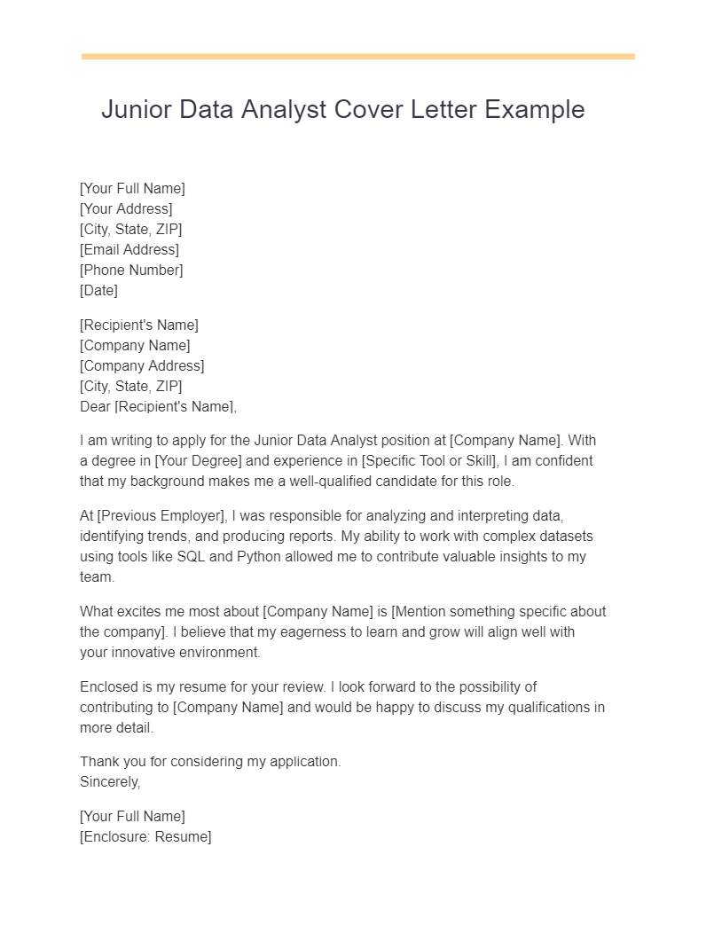 Junior Data Analyst Cover Letter Example