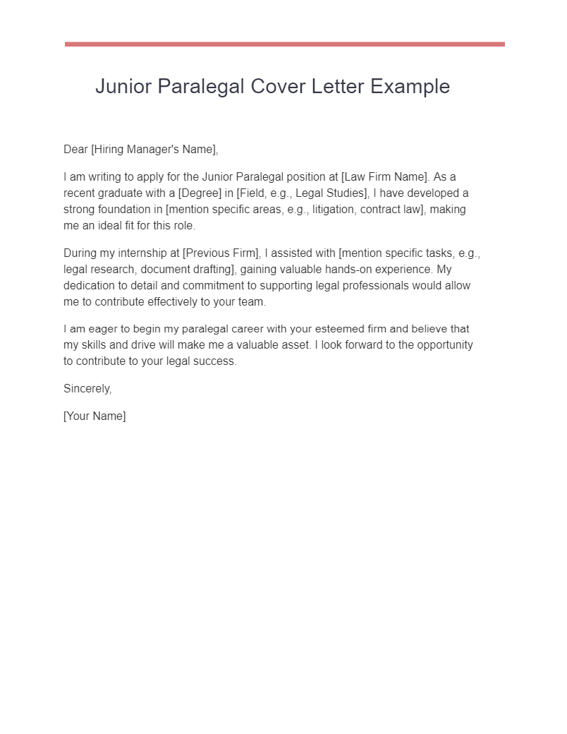 junior paralegal cover letter example