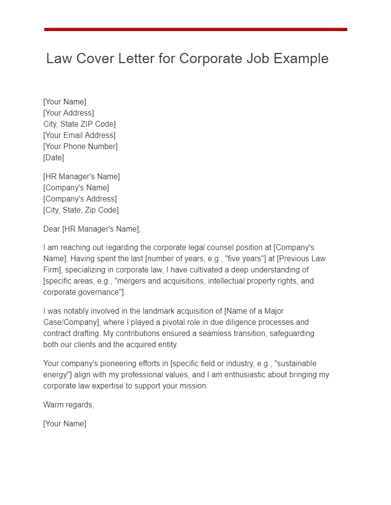 Law Cover Letter for Corporate Job Example