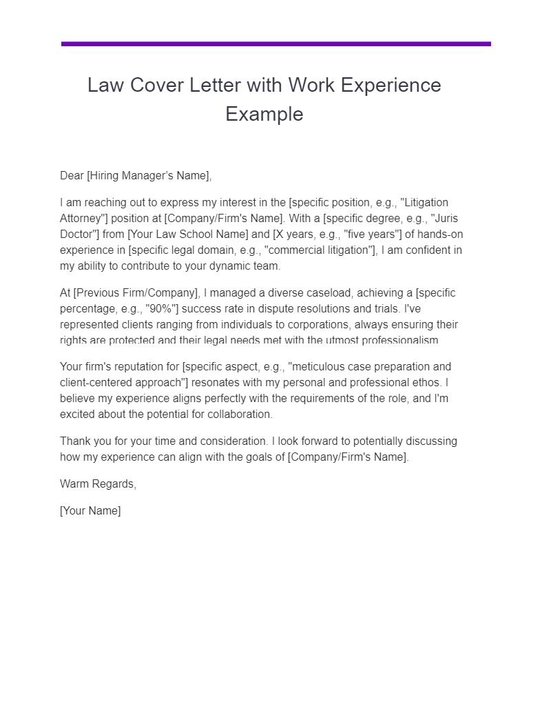 Law Cover Letter with Work Experience Example