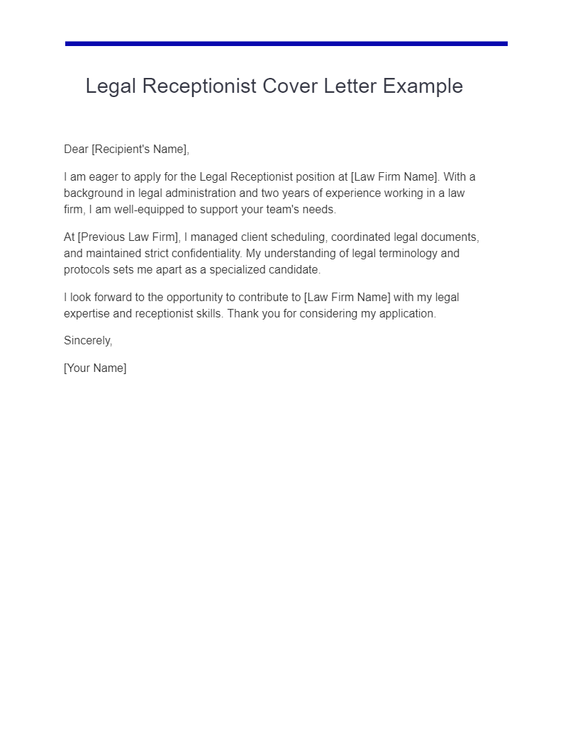 legal receptionist cover letter example
