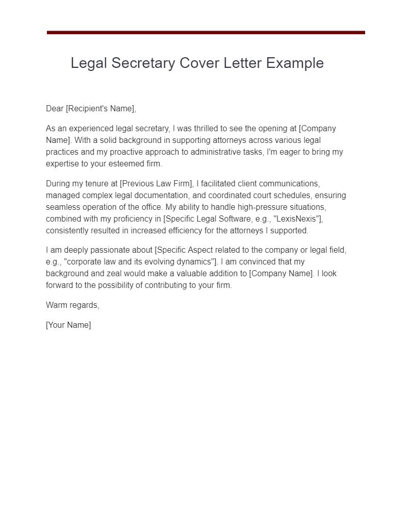 Legal Secretary Cover Letter Example