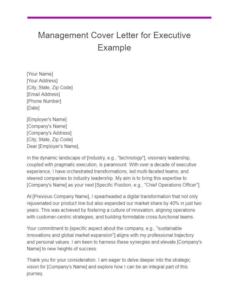 Management Cover Letter for Executive Example