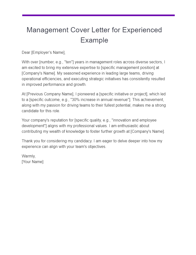Management Cover Letter for Experienced Example