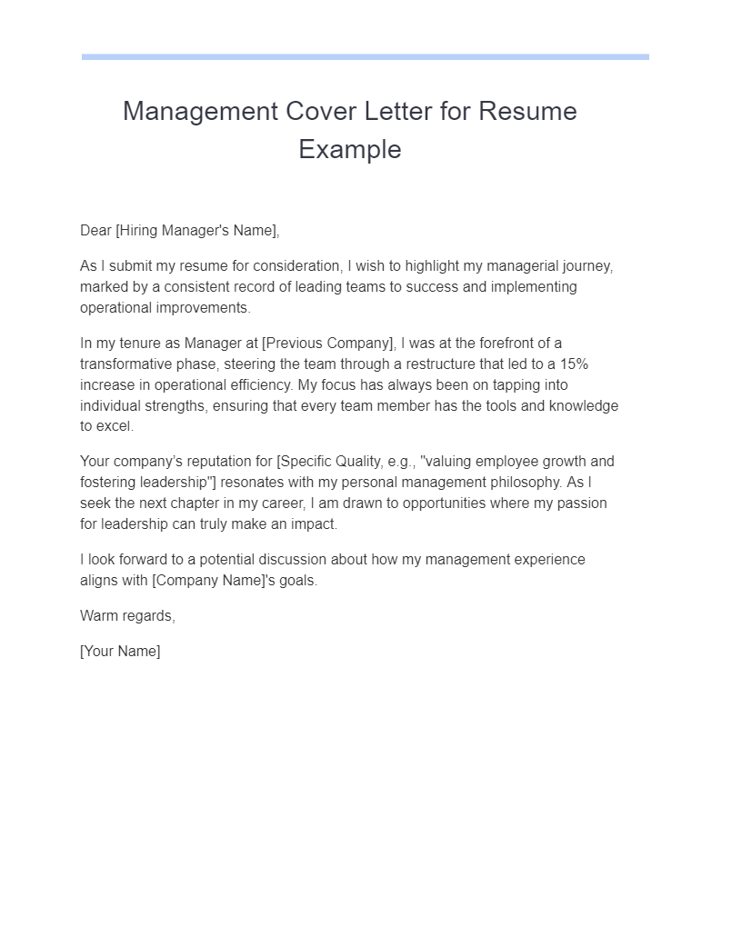 Management Cover Letter for Resume Example
