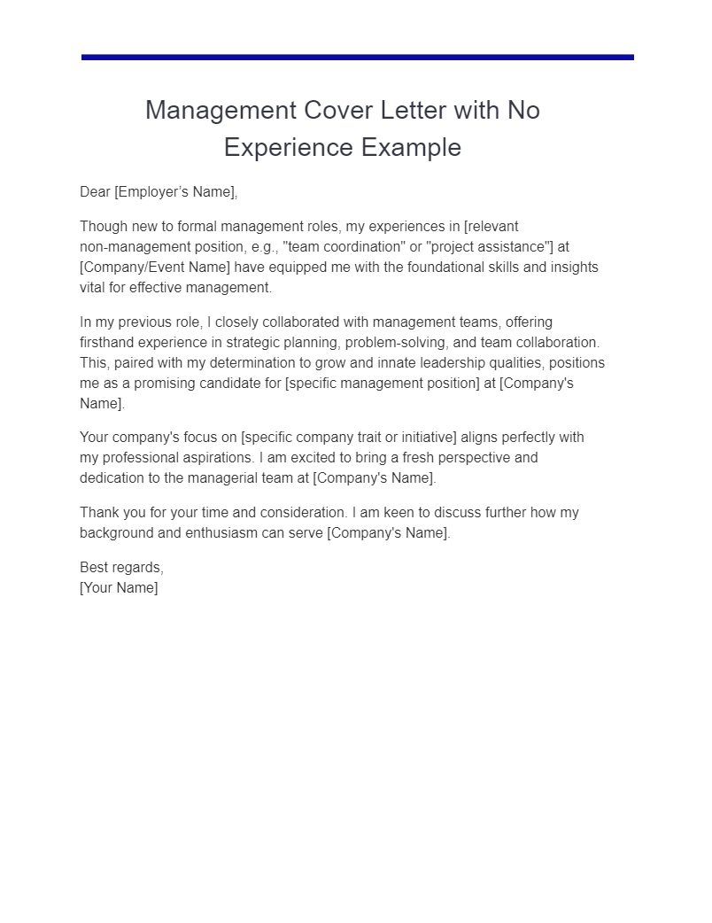 Management Cover Letter with No Experience Example