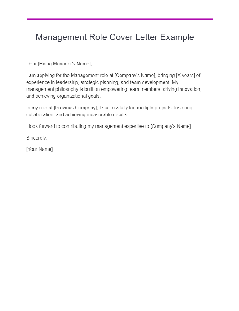 Management Role Cover Letter Example