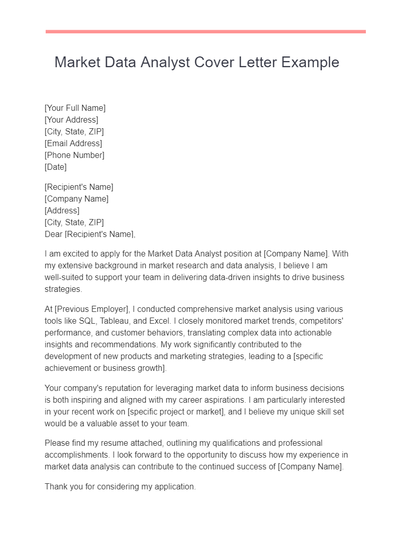 Market Data Analyst Cover Letter Example