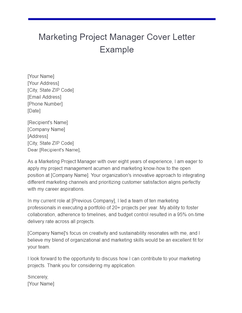 Marketing Project Manager Cover Letter Example