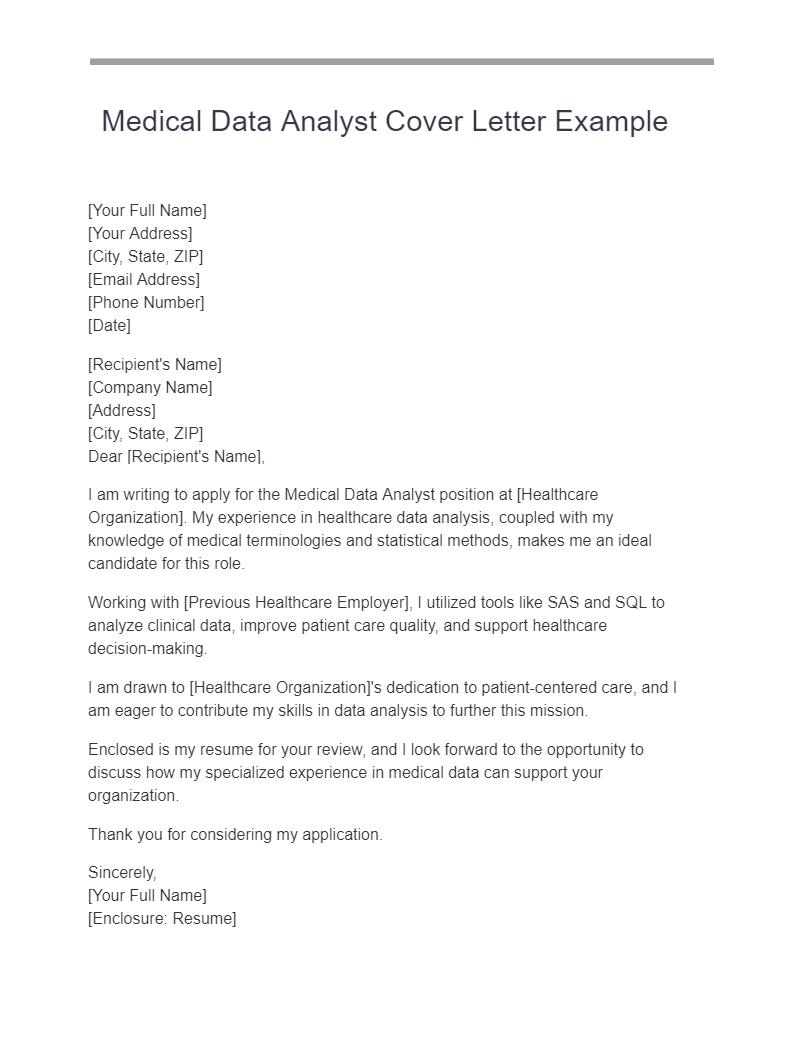 Medical Data Analyst Cover Letter Example