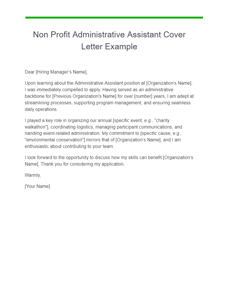non profit administrative assistant cover letter example
