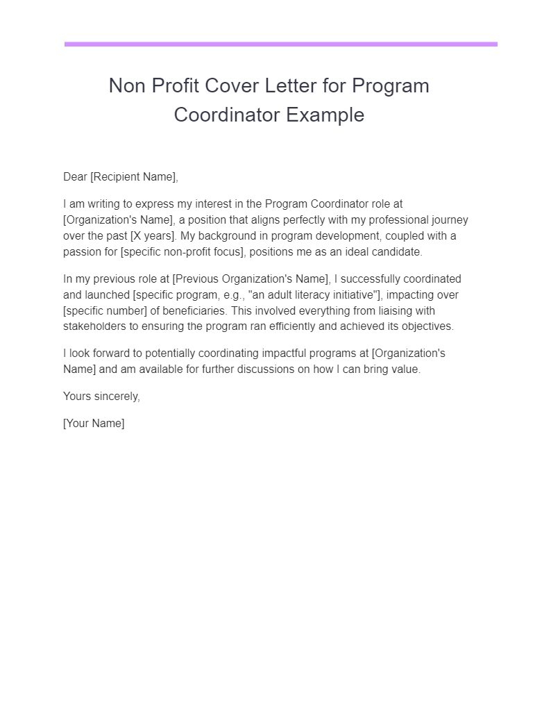 non profit cover letter for program coordinator example