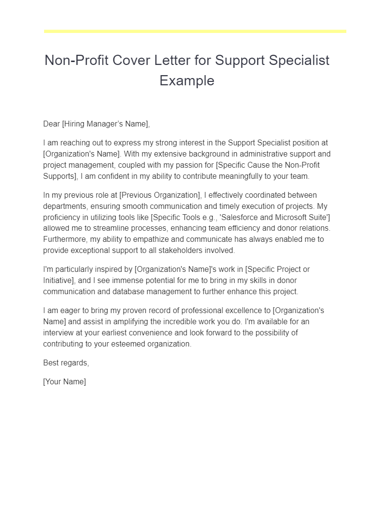 non profit cover letter for support specialist example