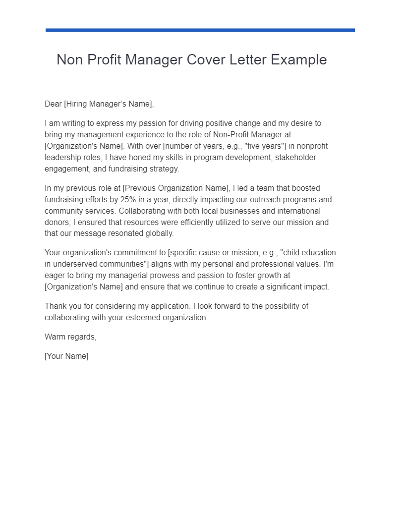 non profit manager cover letter example