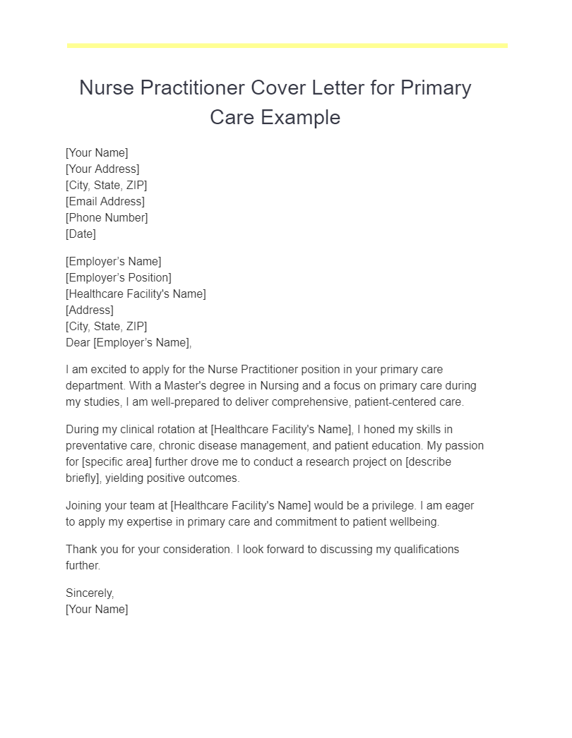 nurse practitioner cover letter for primary care example