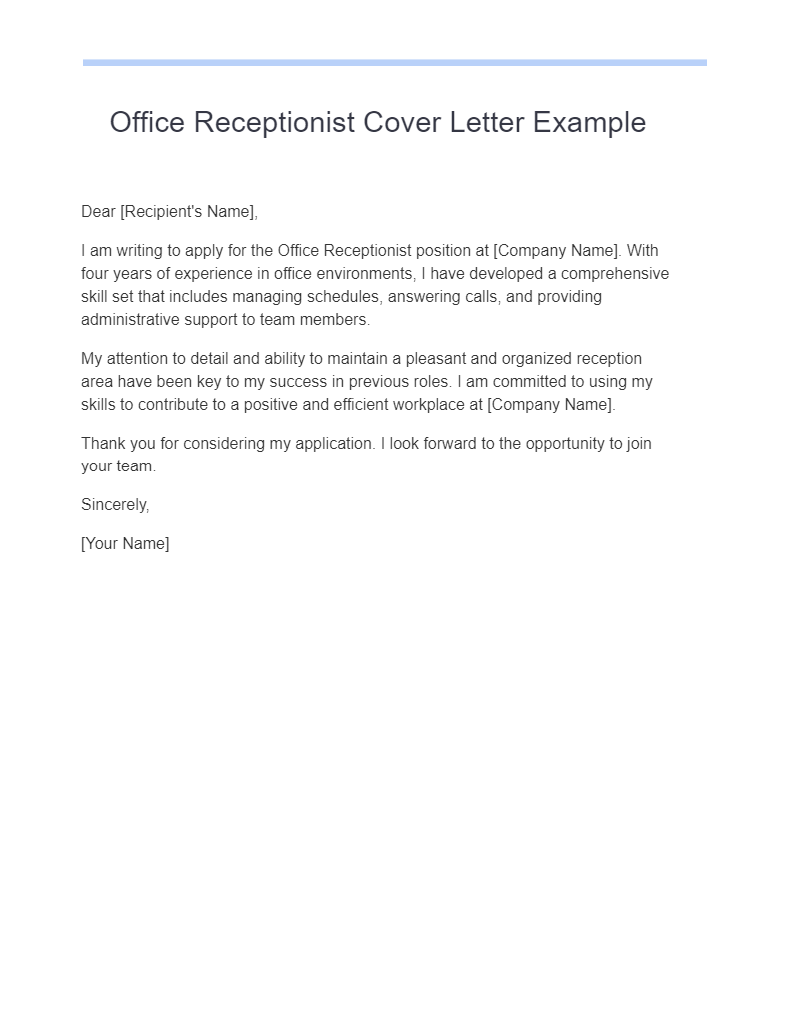 office receptionist cover letter example