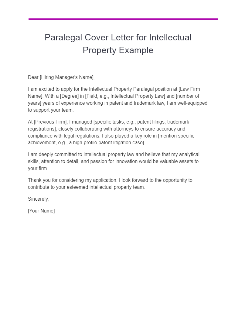 paralegal cover letter for intellectual property example