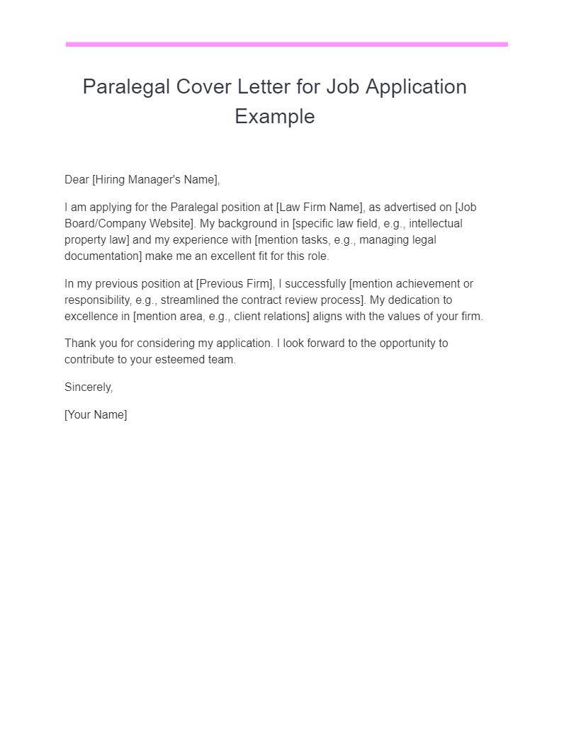 Paralegal Cover Letter for Job Application Example