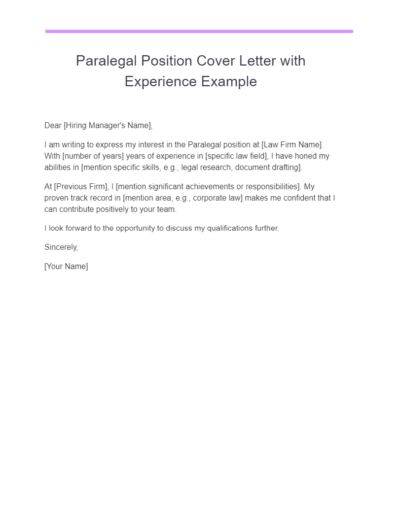 Paralegal Position Cover Letter with Experience Example