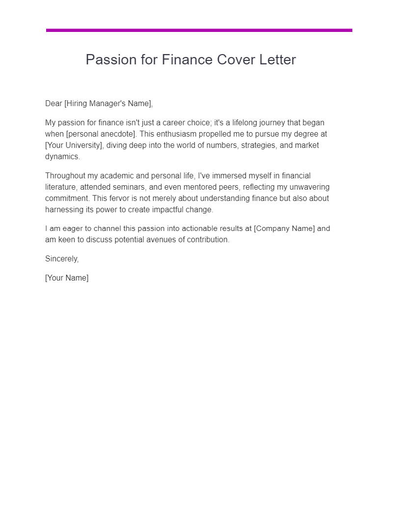 Passion for Finance Cover Letter
