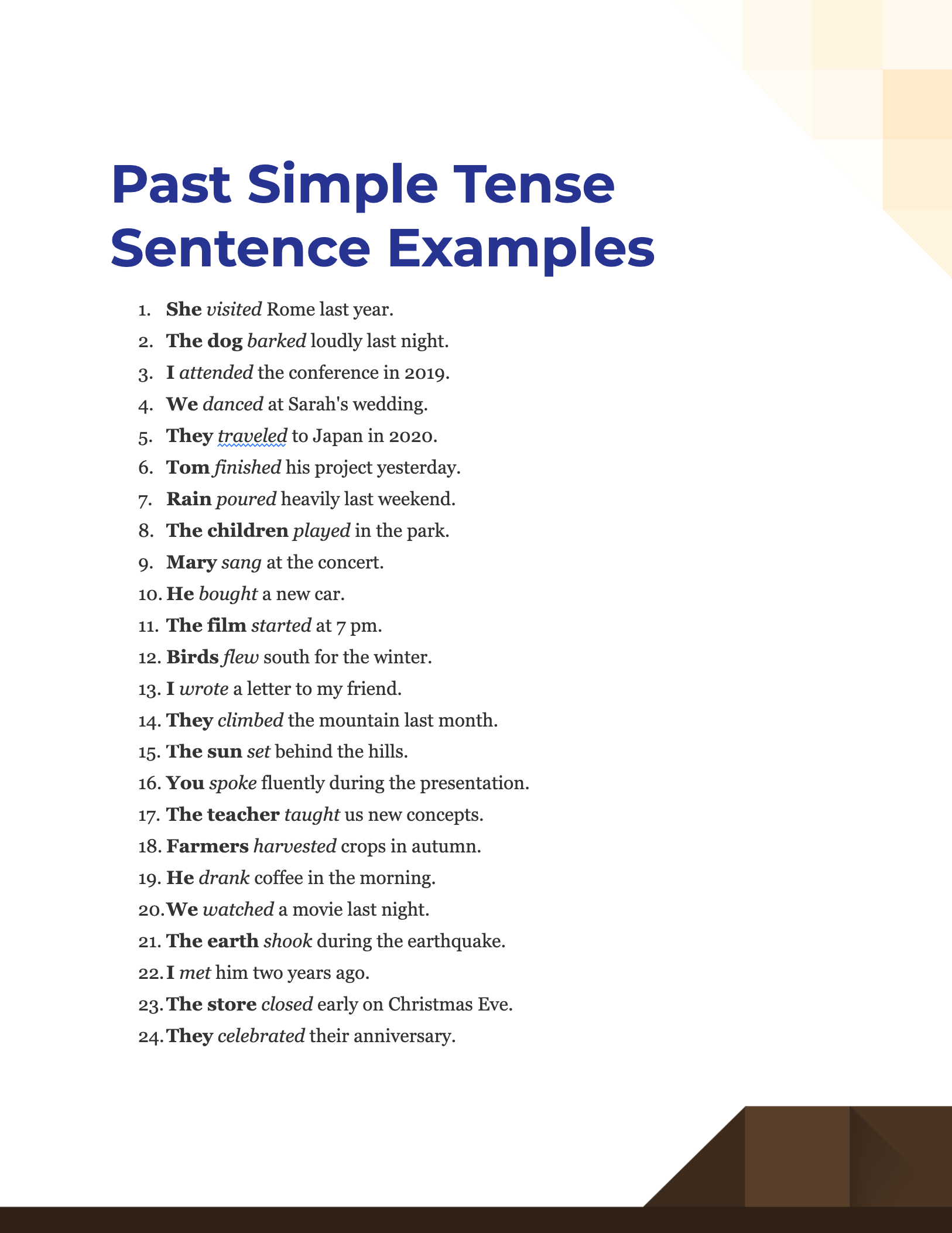 Past Simple Tense Sentence Examples