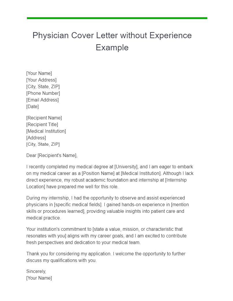 Physician Cover Letter without Experience Example