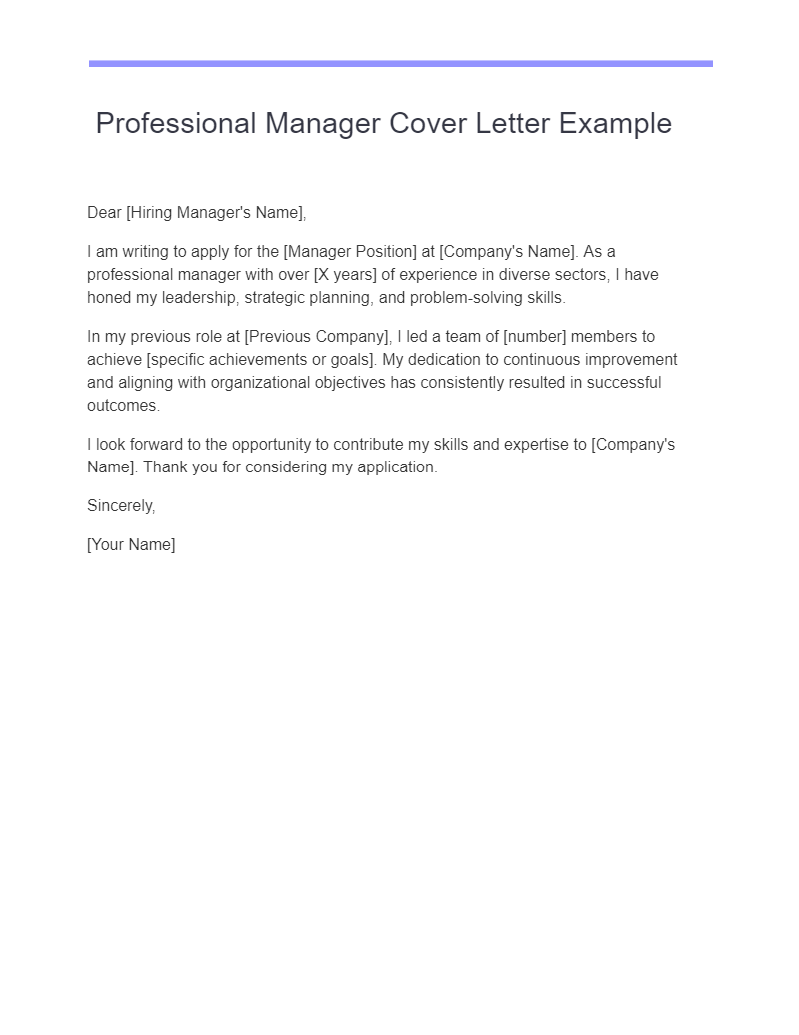 Professional Manager Cover Letter Example
