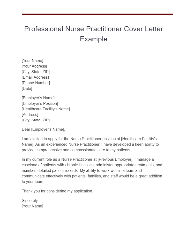 professional nurse practitioner cover letter example