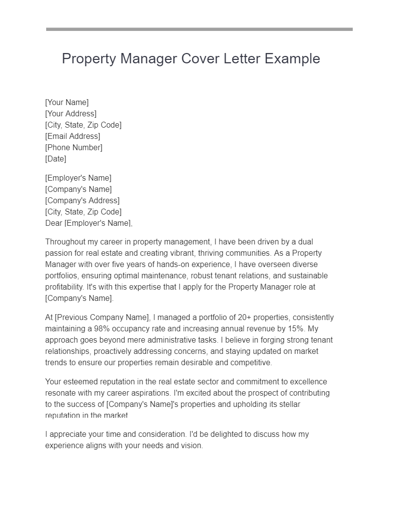 Property Manager Cover Letter Example