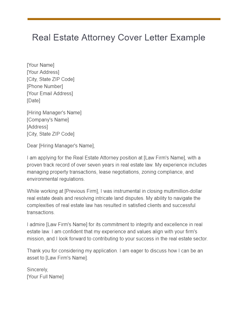 real estate attorney cover letter example