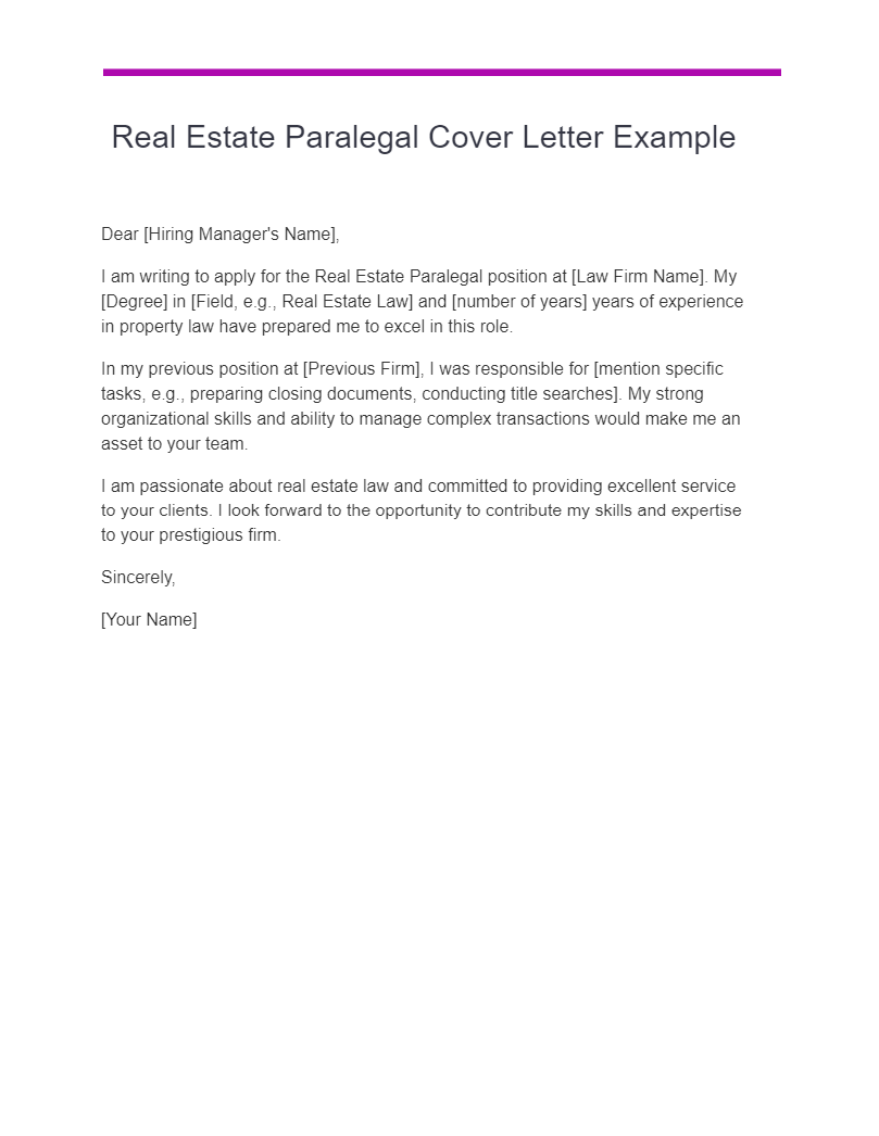 Real Estate Paralegal Cover Letter Example