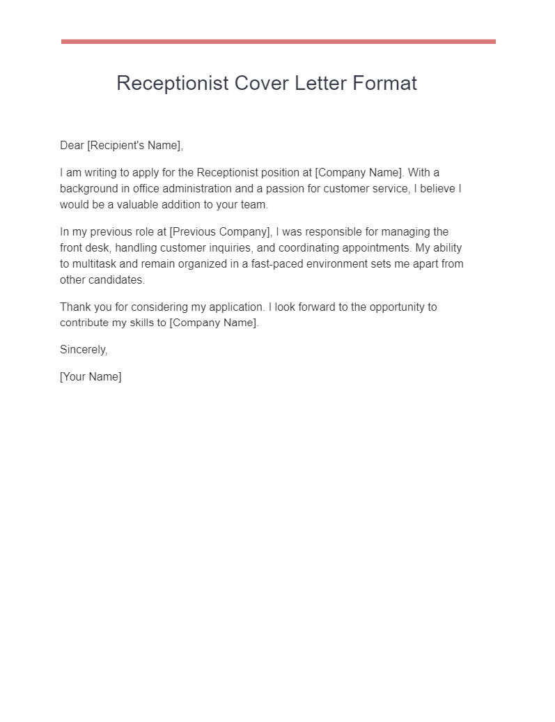 receptionist cover letter format