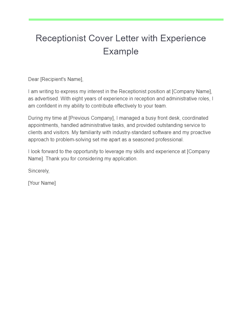 receptionist cover letter with experience example