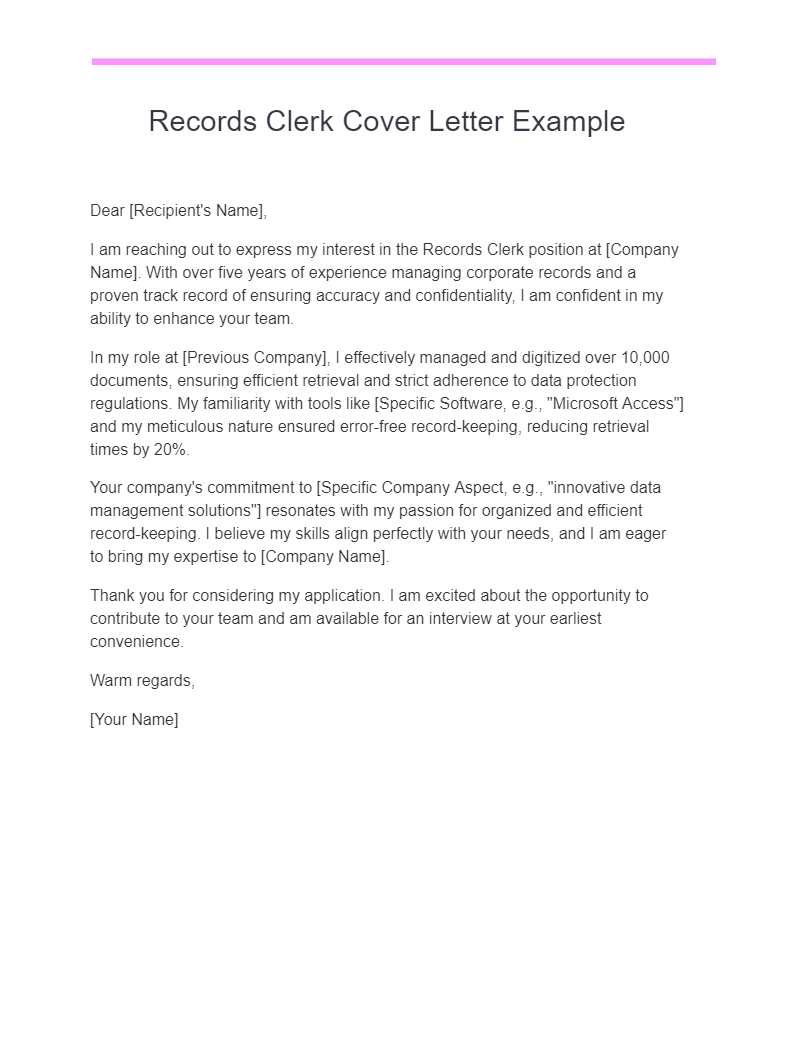 Records Clerk Cover Letter Example