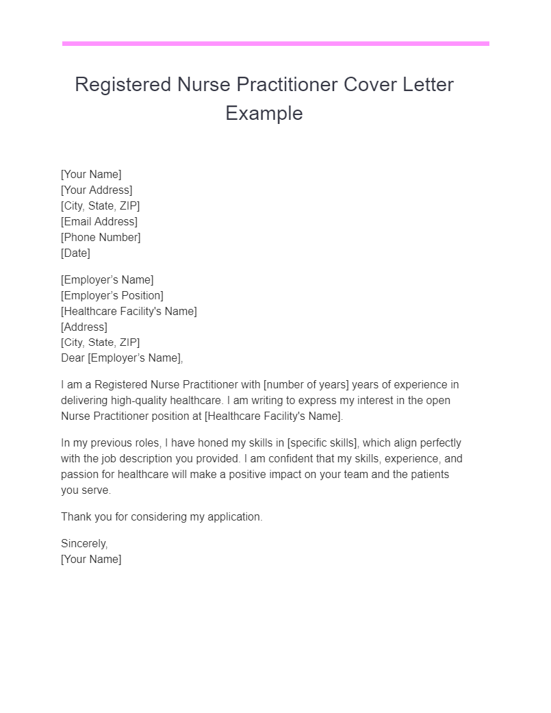 registered nurse practitioner cover letter example