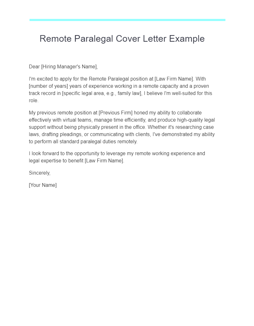 Remote Paralegal Cover Letter Example