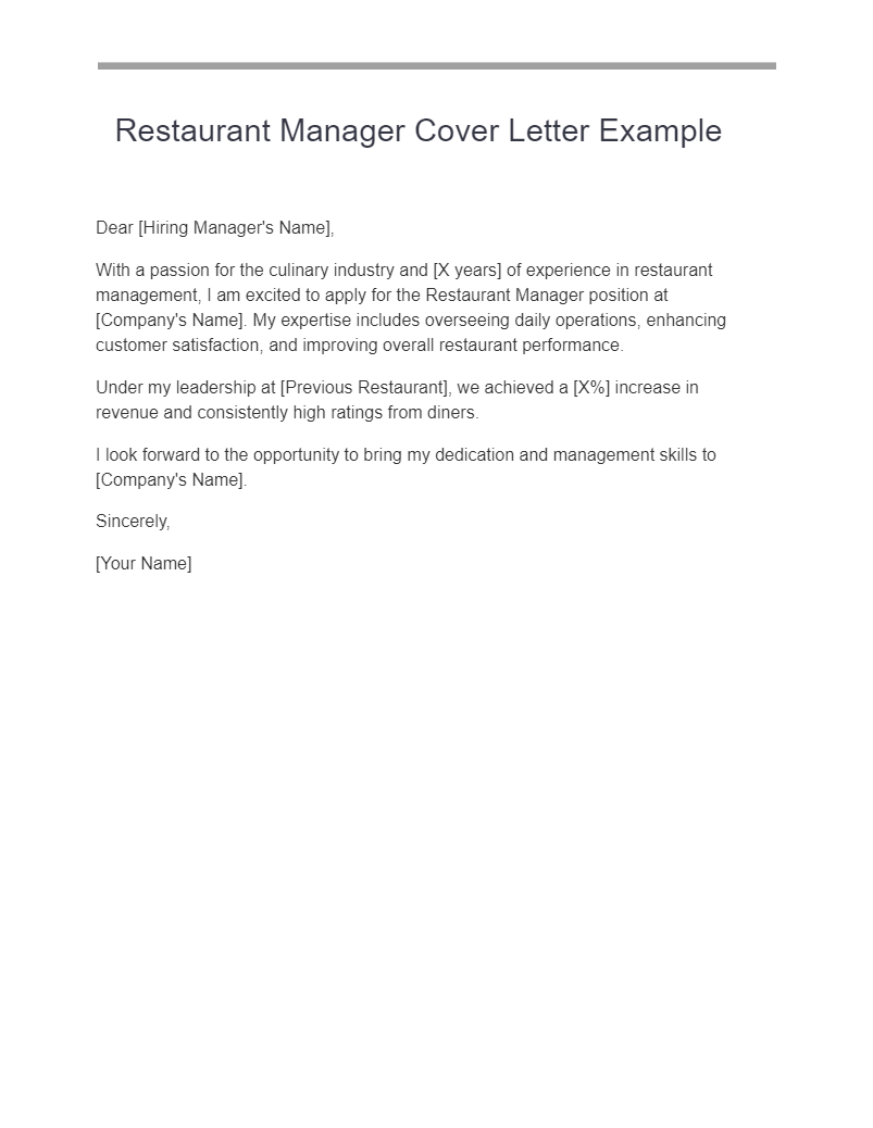 Restaurant Manager Cover Letter Example