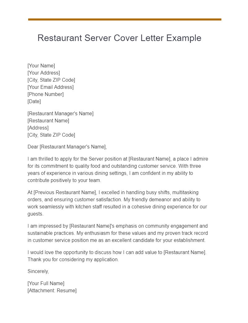 restaurant server cover letter example
