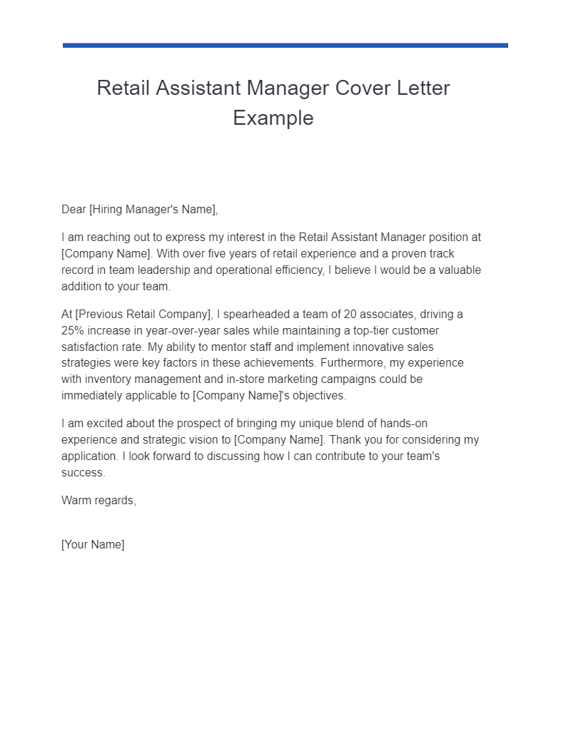Retail Assistant Manager Cover Letter Example