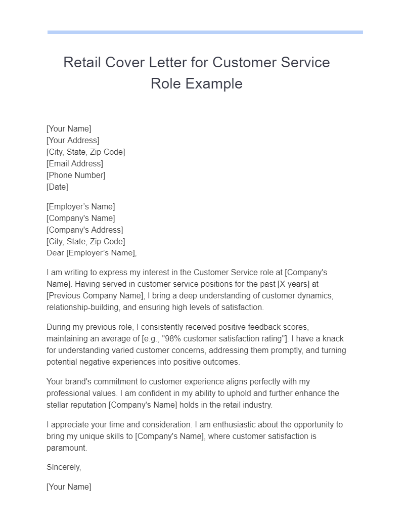Retail Cover Letter for Customer Service Role Example