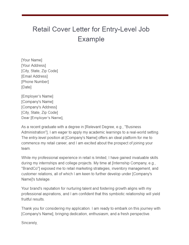 Retail Cover Letter for Entry-Level Job Example