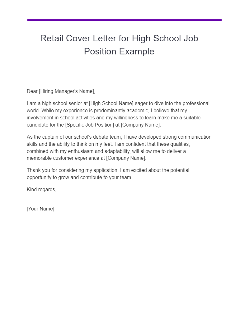 Retail Cover Letter for High School Job Position Example