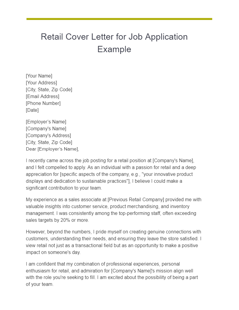 Retail Cover Letter for Job Application Example