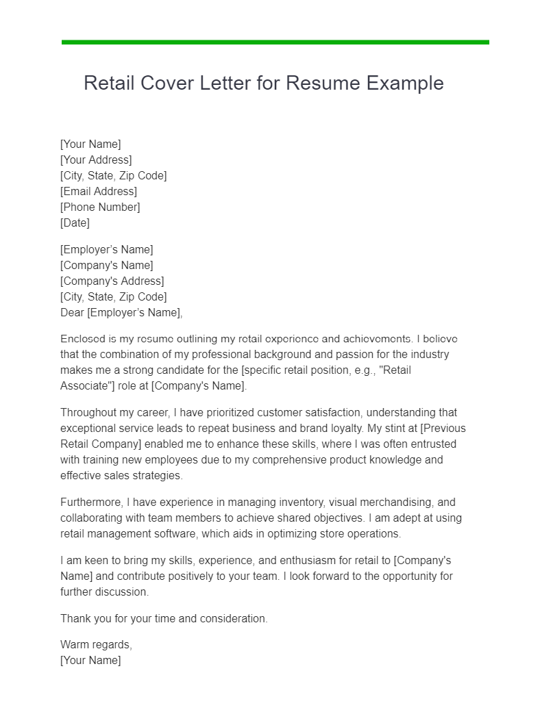 Retail Cover Letter for Resume Example