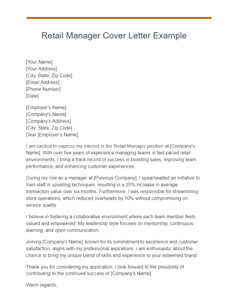 Retail Manager Cover Letter Example