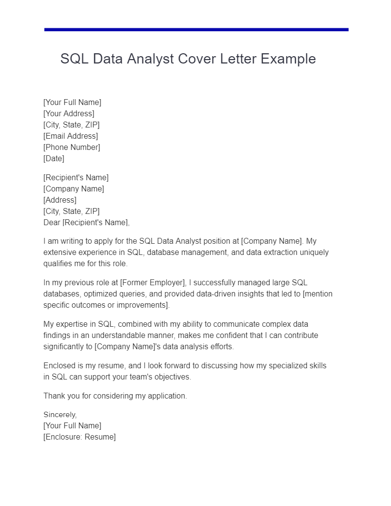SQL Data Analyst Cover Letter Example