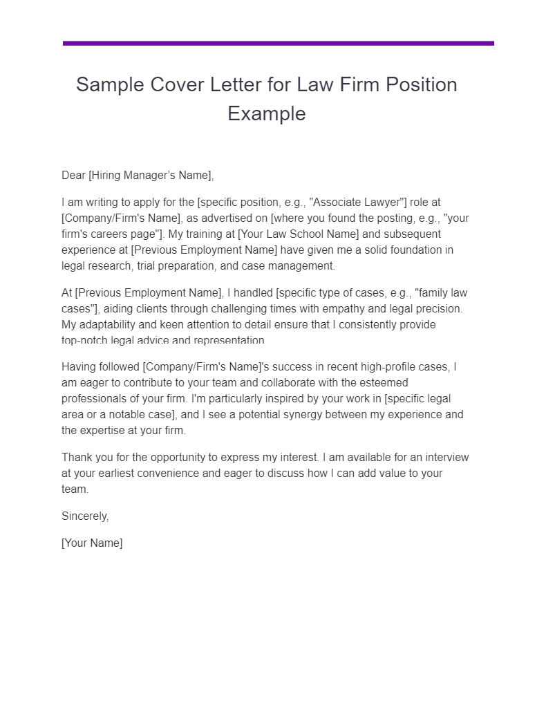 Sample Cover Letter for Law Firm Position Example