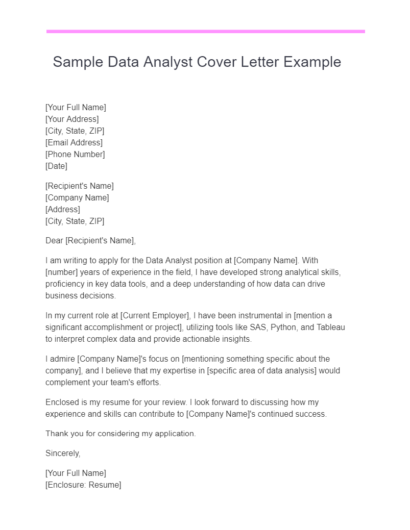 Sample Data Analyst Cover Letter Example